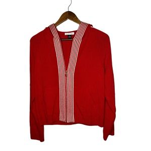 St John Sport sz small red & white‎ striped hooded cardigan jacket USA